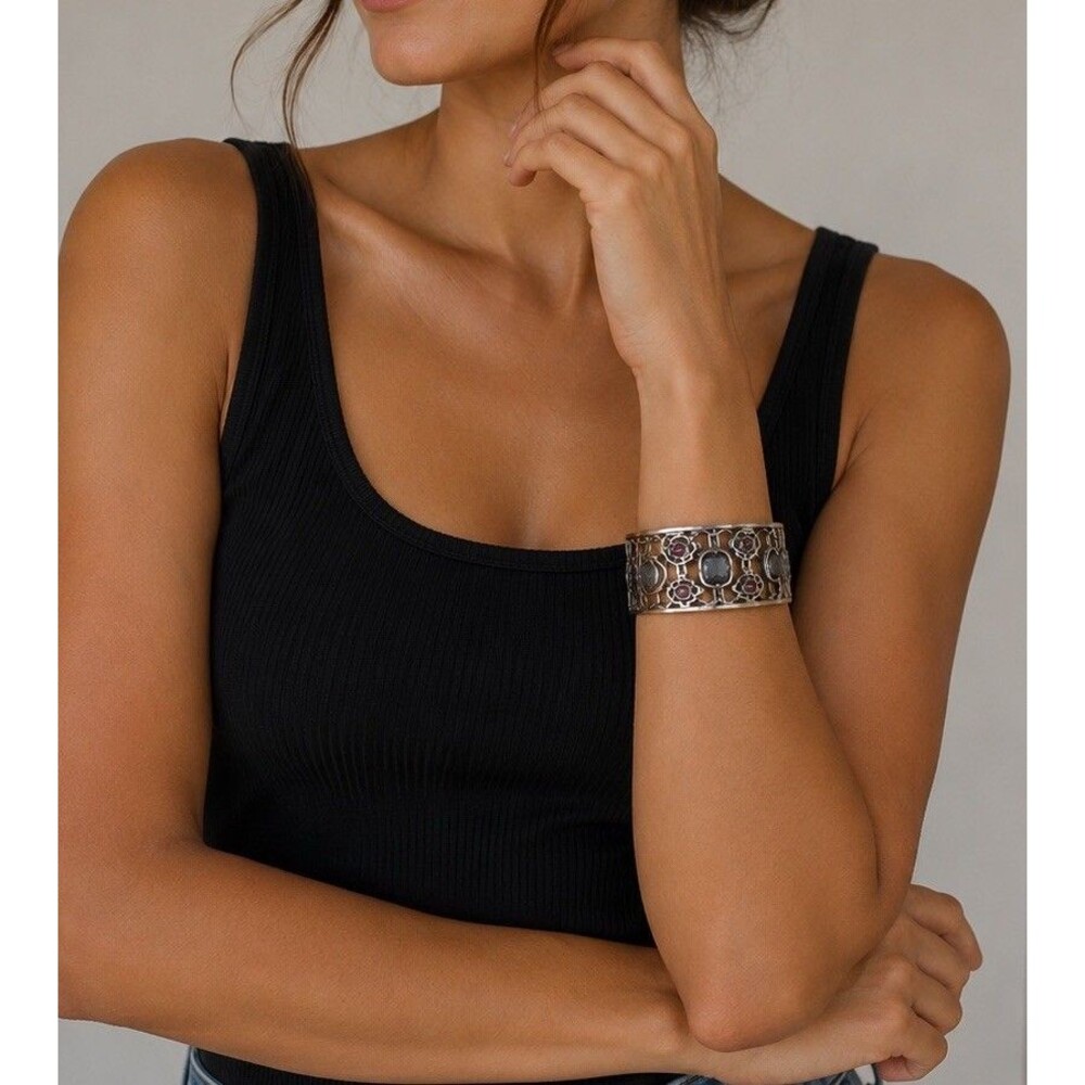 Brighton Wide Cuff Crystal Bracelet Silver Plated Smoke Gray Crystals